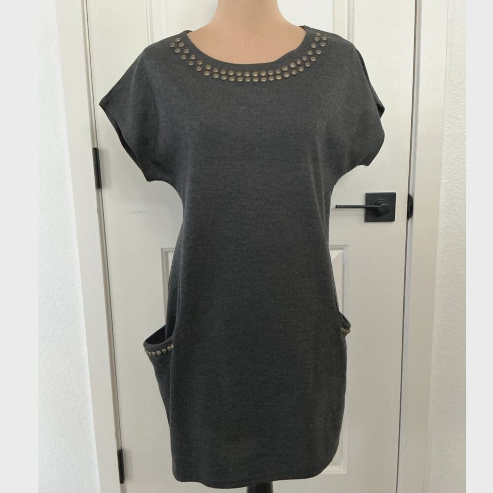 Pimano Charcoal Studded T-Shirt Dress Oversized Pockets NWOT Approx. Small